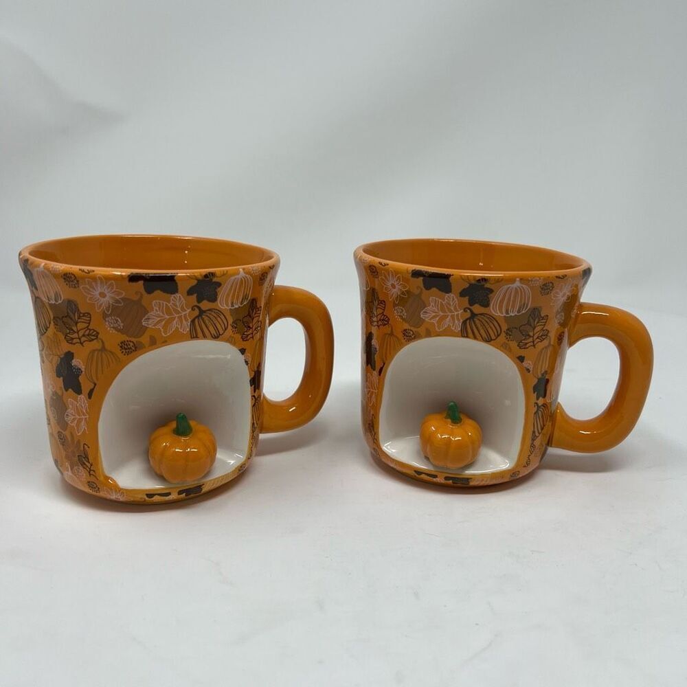 Set of 2 MARKET FINDS Coffee Mug Orange Happy Harvest Figural Ceramic‎ Pumpkins